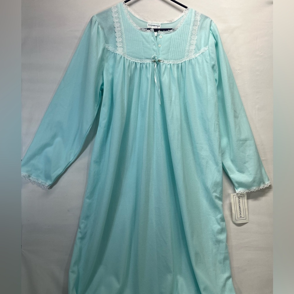 VTG Fundamentals SEARS Long Sleeve Nightgown Women L Blue W/Lace Trim Grannycore